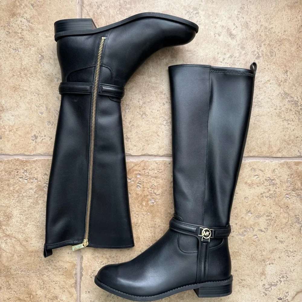 NIB Michael Kors Mindy Leather Equestrian Style Bombe Tall Black Boot Size 7